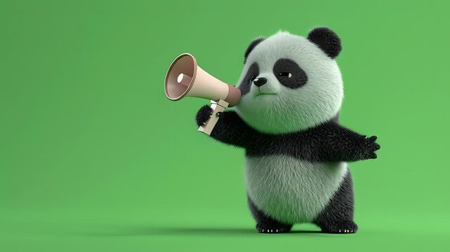 Fluffy baby panda bear holding megaphone making announcement on green screen