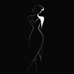 Minimalist line art of an elegant female silhouette on black background. Sophisticated fashion illustration with flowing lines, ideal for luxury branding, posters or editorial design