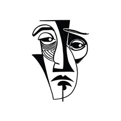 Expressive abstract cubist face illustrated in bold black and white line art, modern minimalist portrait suitable for posters, branding, editorial design and contemporary art projects