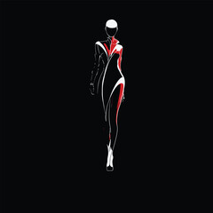 Minimalist fashion illustration of a runway model silhouette with bold red accents on black background. Modern high contrast artwork ideal for fashion branding, posters or editorial design