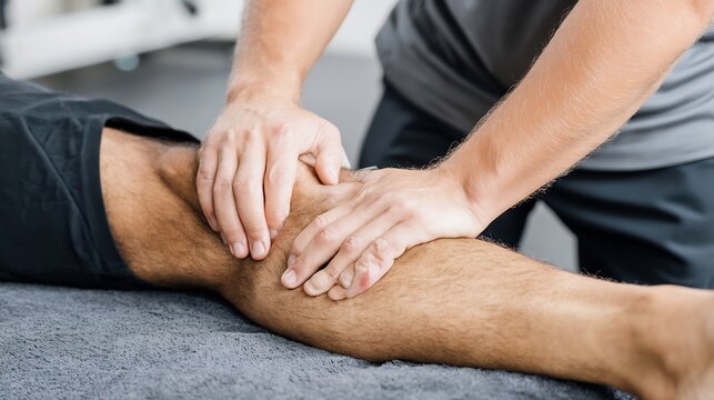 Football player receiving manual muscle release massage physiotherapist using trigger point technique rehab setup