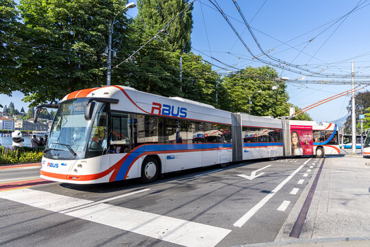 Double articulated bus trolleybus type Hess lighTram 4 at main railway station in Lucerne, Switzerland