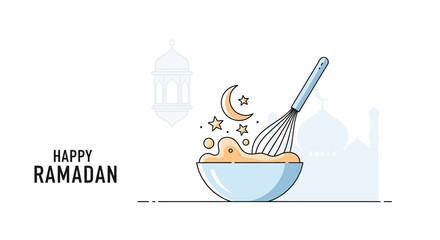 Celebrating Ramadan with a bowl of traditional dessert and utensils against a mosque backdrop