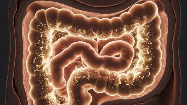 Adrenaline suppresses movement, shown as dimmed peristaltic waves and minimal secretory glow. Parasympathetic signals create bright, rhythmic contractions and enhanced fluid pulses