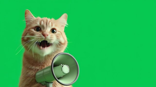 Funny Cat Shouting Holding Megaphone on Green Screen Background