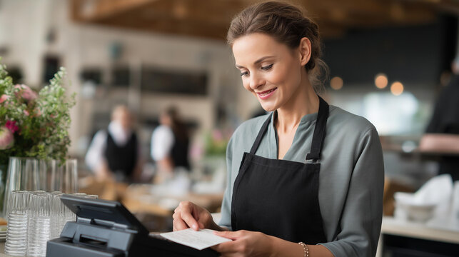 Female tourist standing at restaurant billing counter for payment hospitality service checkout moment dining establishment payment area customer settling meal bill