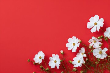 Obraz premium White cosmos flowers on vibrant red background