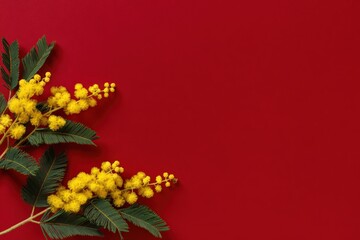 Yellow mimosa flowers with green leaves on red background for floral design