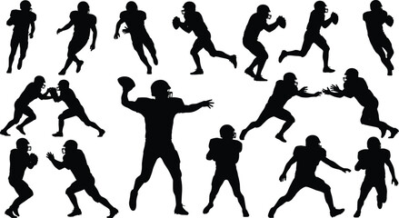 Black Silhouette Collection of American Football Players in Action Including Quarterback Throwing Ball and Athletes Running and Tackling Isolated on a Clean White Background