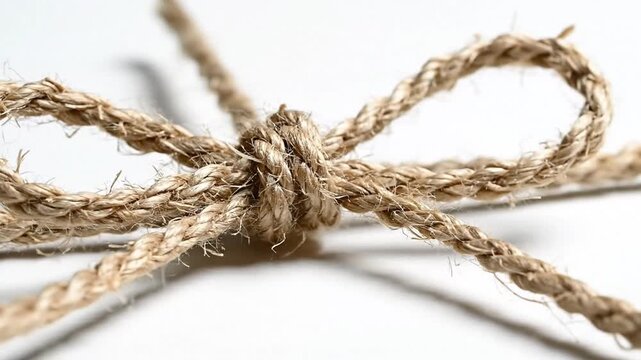 Elegant Rustic Natural Jute Twine Cord Tied in a Decorative Bow Isolated on Clean White Background Minimalist Brown Hemp String Knot for Gift Packaging Crafting and Decoration Concept