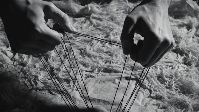 Artistic Monochrome Depiction of Human Hands Controlling Puppet Strings Illustrating Manipulation Authority and Power Concepts on Vintage Textured Paper Background