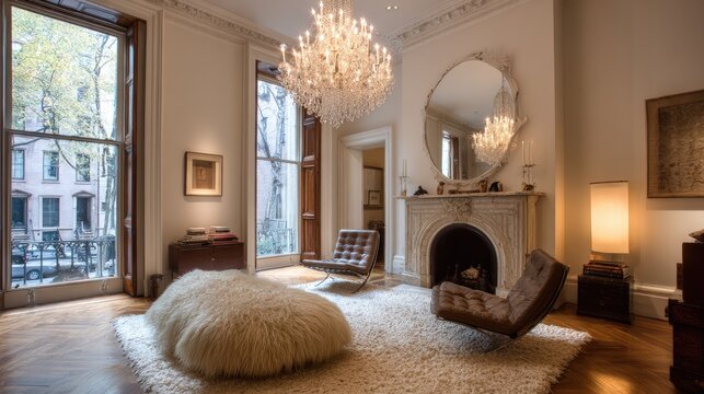 Elegant living room with large windows, fireplace, and chandelier.