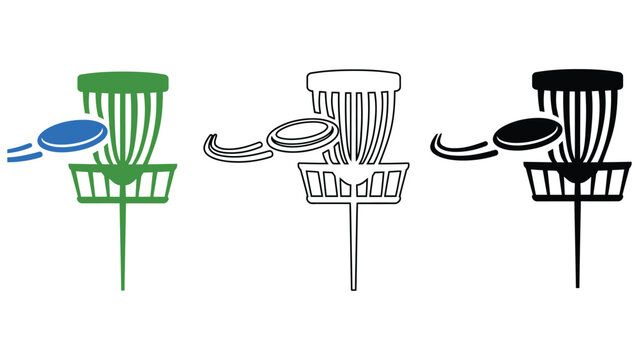 A colorful illustration of disc golf baskets with flying discs