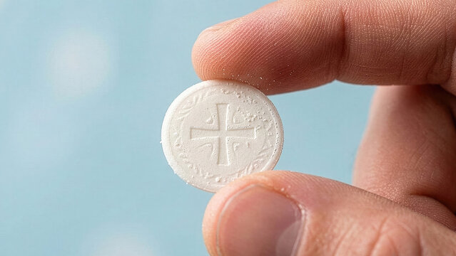 Holy Communion, Hand Holding Eucharistic Host with Embossed Cross
The wafer features a detailed embossed cross and wheat pattern, symbolizing the "Bread of Life
