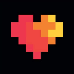 Fototapeta premium Pixel Art Heart Icon with Gradient Vector Design Concept. Fiery Love Flat Symbol in Pixel Art Style on Black Background.
