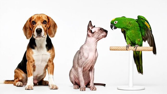 Adorable domestic pets including a loyal canine dog, a graceful feline cat, and a colorful tropical parrot bird sitting together isolated on a pure white background in high resolution.