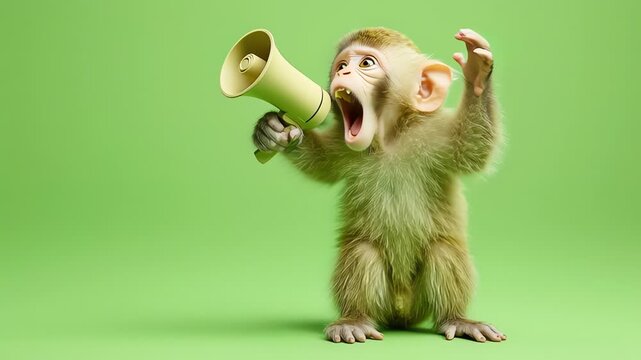 Cute Baby Monkey Shouts Through Megaphone on Green Background