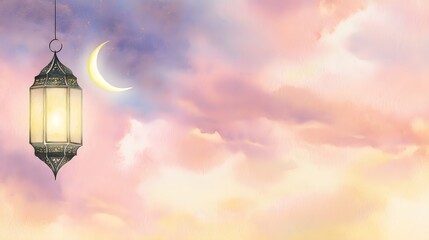 Obraz premium Serene Eid Mubarak Lantern Glows Under Crescent Moon Festive Pastel Evening Illustration