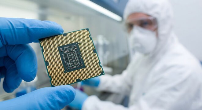 Engineer in protective suit holding a microchip in high-tech facility