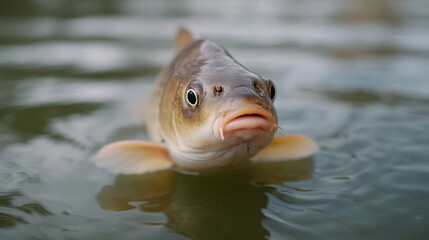 Close up portrait of a carp fish emerging from murky water