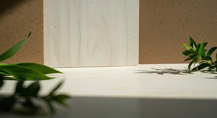 A wooden table with green leaves and a white background.