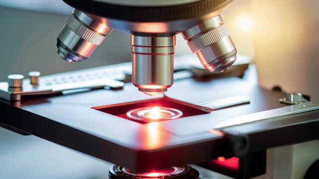 Close up microscope lens deep focus on glass slide in laboratory showing deep learning technology for healthcare research, science analysis, and scientific discovery with bright illumination