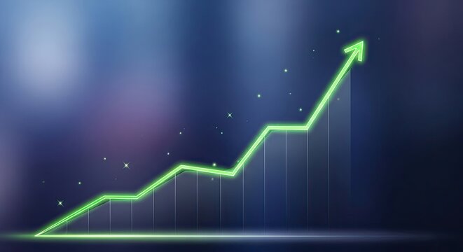 A green and blue neon arrow graph with a purple background, representing growth and progress.