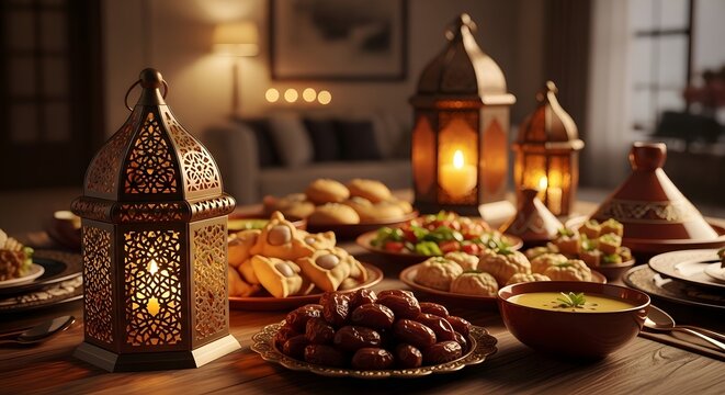 lifestyle ramadan photography with traditional food and lantern decor arranged neatly on table