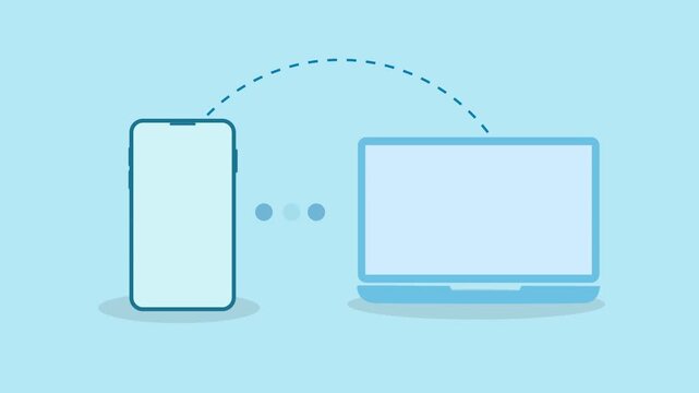Flat minimal illustration of a smartphone and laptop connected by a dotted arc, representing wireless data synchronization, file transfer, and cross-device communication.
