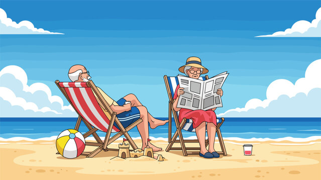Senior man and woman enjoying their retirement while relaxing on beach chairs by the sea with a newspaper and coffee.