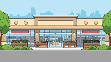 Fototapeta premium Modern supermarket building exterior with large glass windows revealing interior grocery displays against a distant city skyline.