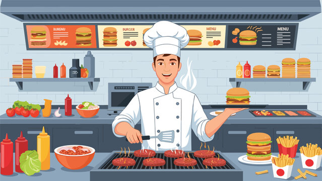Friendly male chef in a professional kitchen grilling fresh meat patties and holding a burger on a tray with menu boards behind him.