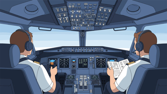 Two professional pilots in uniform operating complex flight controls and reading a manual inside the cockpit of a commercial airplane.