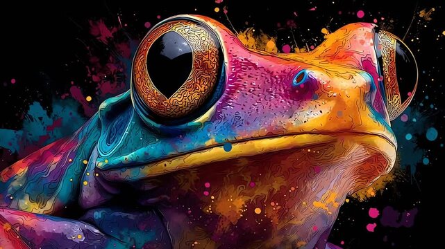 Vibrant Watercolor Frog Splash Art Close Up on Black Background