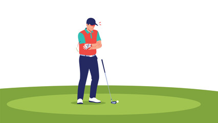 Obraz premium Professional golfer stands on the green with his club prepared to take a shot during a sunny day on the course.