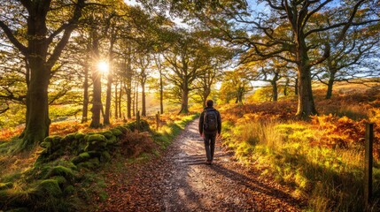 Fototapeta premium Hiking Through Golden Autumn Leaves with Warm Sunlight and Lens Flare 