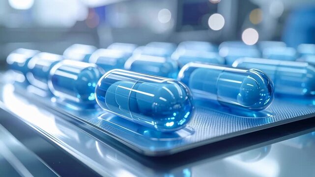 Blue capsule pharmaceutical medicine healthcare drug supplement plastic packaging closeup modern laboratory innovation, sterile environment, clinical research, prescription treatment, hospital