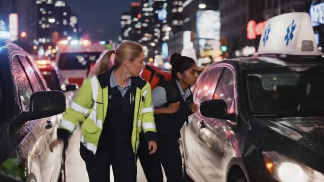 Emergency medical technicians in a busy city at night