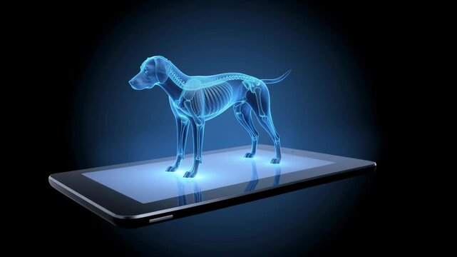 Hologram dog anatomy illuminated by blue light on digital tablet, deep learning healthcare technology advances veterinary innovation, futuristic animal medical research and diagnostics visualization