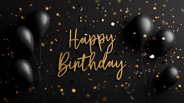 Happy Birthday Gold Script Black Balloons Confetti Luxury Greeting