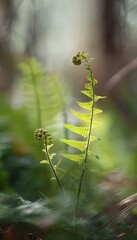 Fototapeta premium Spring renewal unfolds delicate fern fronds bathed in soft morning light a serene forest scene