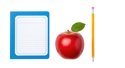 Red apple, yellow pencil, and small blue notebook isolated on white background, perfect for back to school or education concepts