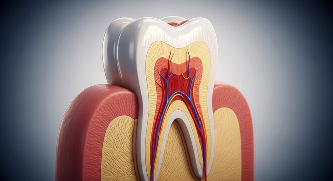 Detailed anatomical illustration of a human tooth and gums