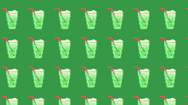 Pixel Art Melon Soda Green Drink Seamless Loop - Retro 8-bit Lime Juice Beverage Background Pattern