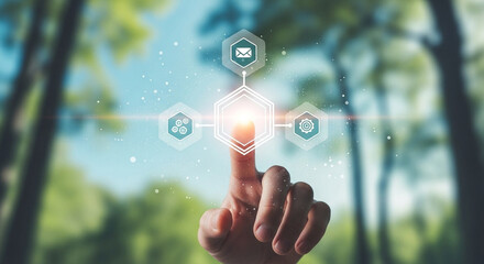Fototapeta premium Digital interaction in nature, innovative technology solutions for environmental sustainability, connecting global communication.