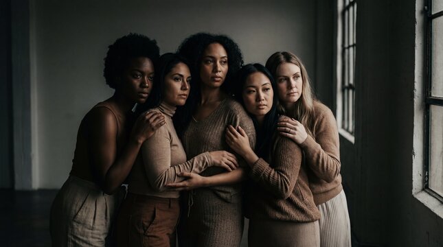 Diverse group of women embracing in a dimly lit room.
