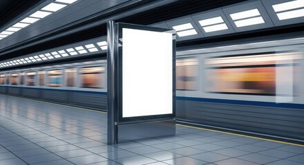 Obraz premium A blank advertising display stands prominently within a blurred subway station