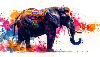 Obraz premium Vibrant Elephant Art with Colorful Paint Splatters and Abstract Design.