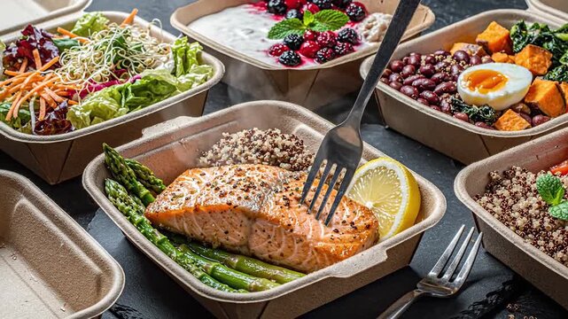 Balanced food in takeout containers ready to eat healthy meals