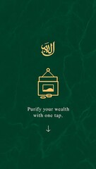 Golden Islamic calligraphy and infographic representing purification of wealth through a digital transaction or service